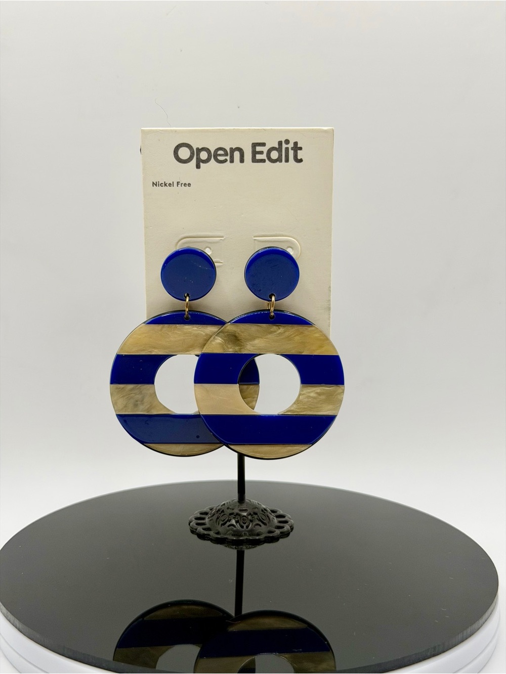 Open Edit Nautical Navy & White Striped Resin Earrings NWT